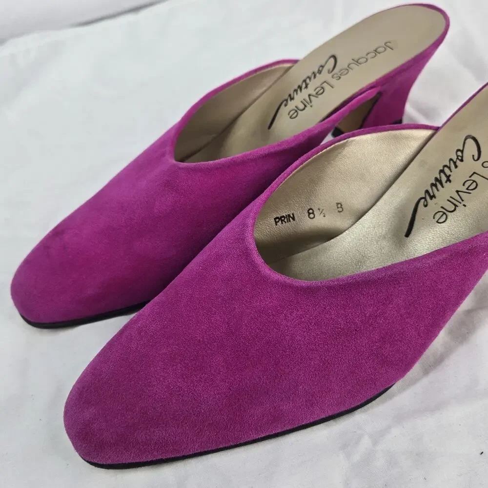 Vintage Jacques Levine Couture Suede Mules Fuchsia Pink Kitten Heels 8.5 B - Picture 3 of 11